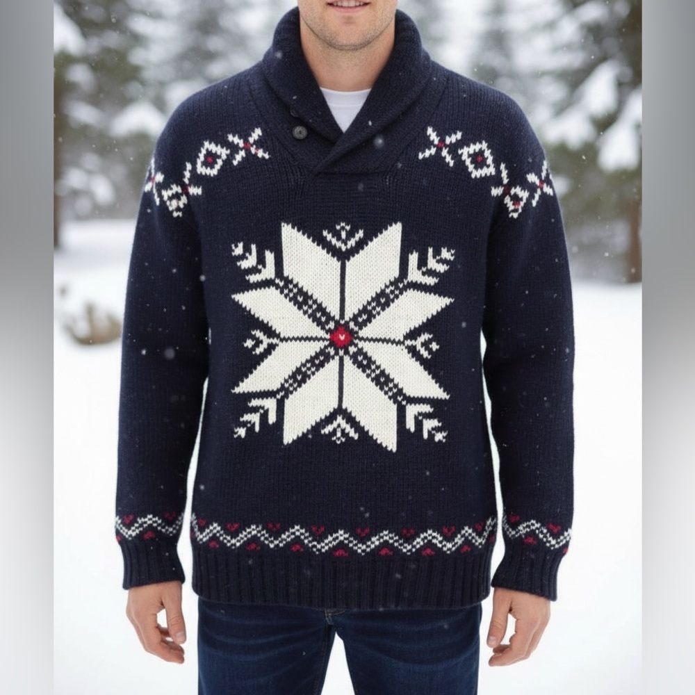 Polo by Ralph Lauren Black and White Snowflake Shawl Collar Sweater